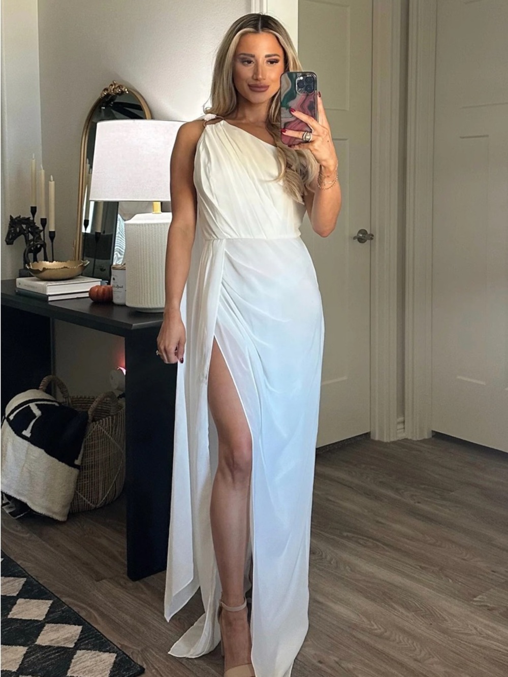 One-Shoulder White Maxi Dress with High Side Slit